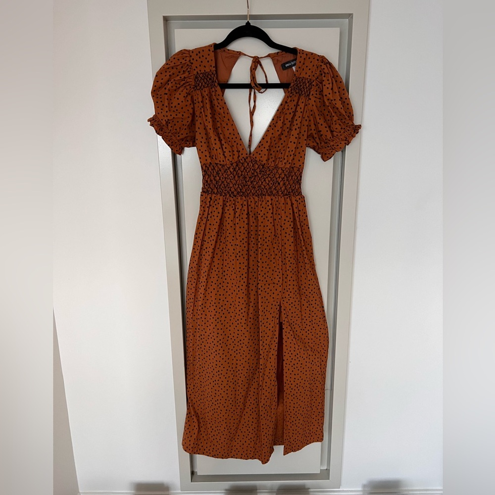 Urban Outfitters Liliana Side Slit Midi Dress Polka Dot Embroidered